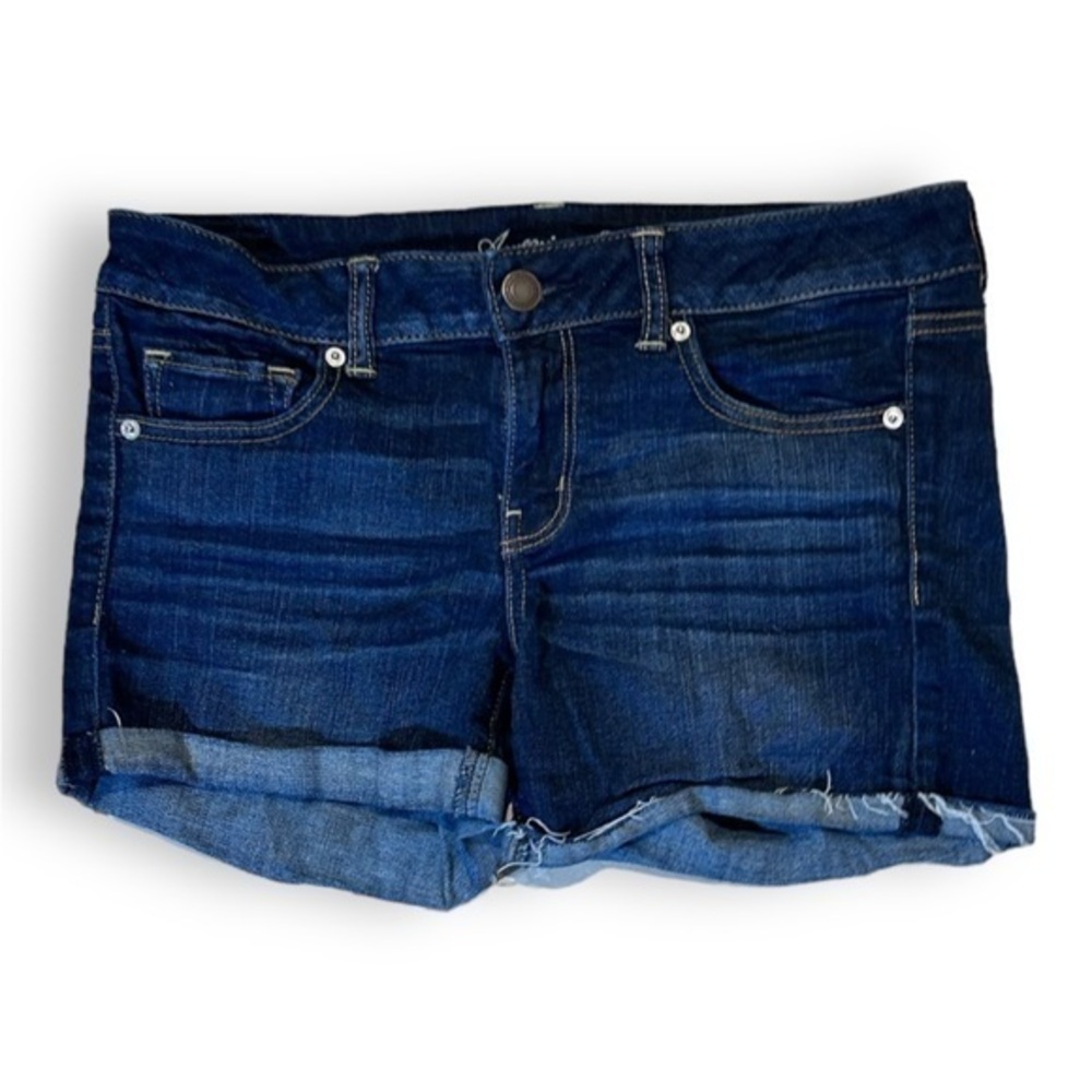 Womenās American Eagle 12 Dark Wash Stretch Mid Rise Denim Raw Hem Jean Shorts